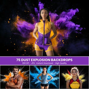 May include: 75 Dust Explosion Backdrops. 300 DPI - JPG - Instant Download - High Quality. A collection of digital backgrounds featuring colorful dust explosions in various colors, including yellow, blue, and red.