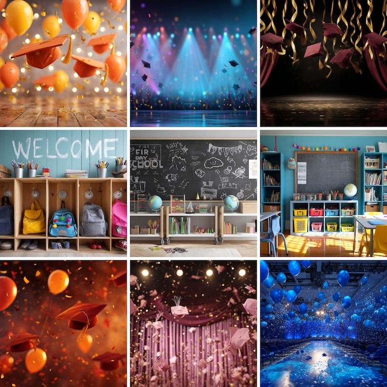 May include: A collage of nine images depicting various graduation themes. The first image shows a colorful background with graduation caps and balloons. The second image shows a stage with spotlights and confetti. The third image shows a dark background with graduation caps and streamers. The fourth image shows a classroom with a chalkboard and a welcome sign. The fifth image shows a classroom with a chalkboard and a welcome sign. The sixth image shows a classroom with a chalkboard and a welcome sign. The seventh image shows a colorful background with graduation caps and confetti. The eighth image shows a stage with spotlights and confetti. The ninth image shows a blue background with balloons and confetti.