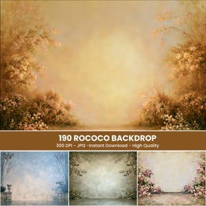 May include: A digital collection of photography backdrops featuring painted scenes of lush floral gardens, soft clouds, and architectural elements in muted tones of gold, blue, and cream with the text 190 ROCOCO BACKDROP 300 DPI - JPG -Instant Download - High Quality.