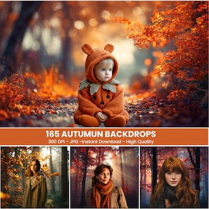 May include: A child wearing an orange pumpkin-themed outfit with a hood and bear ears sits on a path surrounded by autumn foliage. The image includes the text "165 AUTUMN BACKDROPS".