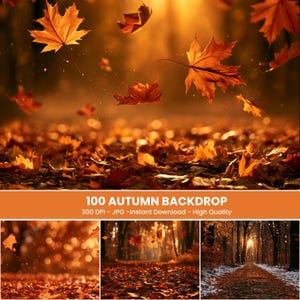 Könnte beinhalten: Eine digitale Sammlung von 100 Herbsthintergründen mit orangefarbenen und braunen Ahornblättern, die auf einen Waldboden fallen. Der Text 100 AUTUMN BACKDROP 300 DPI - JPG - Instant Download - High Quality steht auf einem orangefarbenen Banner.