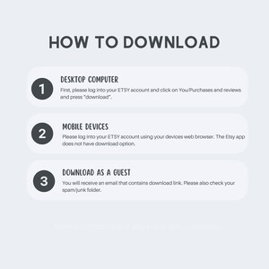 Op de afbeelding: Een witte afbeelding met de tekst "HOW TO DOWNLOAD" bovenaan. Hieronder staan drie genummerde stappen met instructies voor het downloaden op een desktopcomputer, mobiele apparaten en als gast.