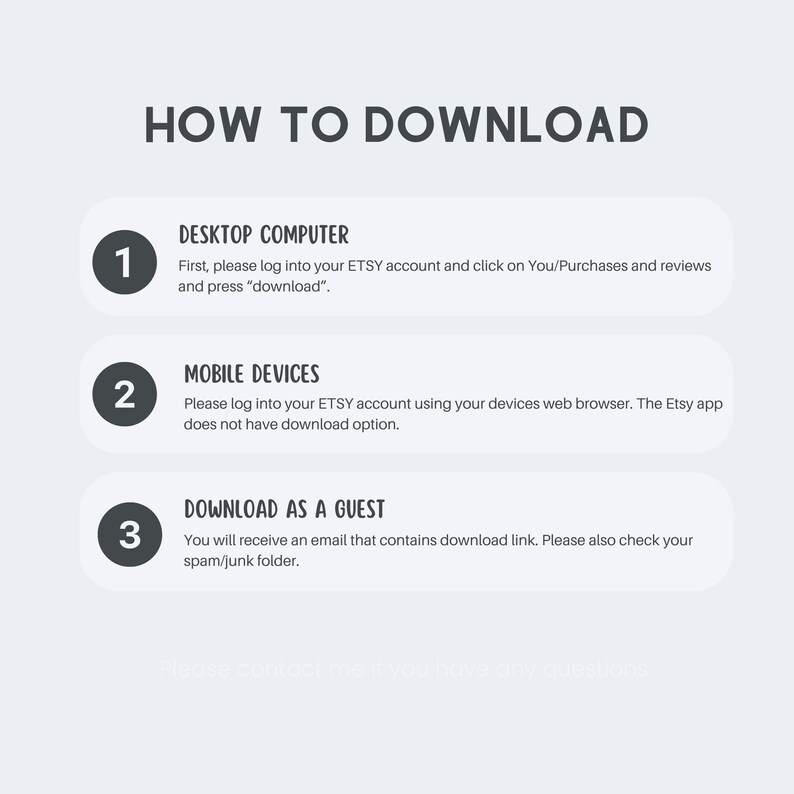 Op de afbeelding: Een witte afbeelding met de tekst "HOW TO DOWNLOAD" bovenaan. Hieronder staan drie genummerde stappen met instructies voor het downloaden op een desktopcomputer, mobiele apparaten en als gast.