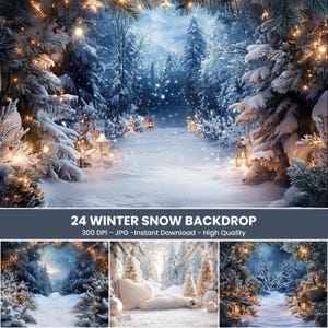 Può includere: Una scena invernale da favola con un sentiero innevato che conduce attraverso una foresta di alberi coperti di neve. Gli alberi sono decorati con luci scintillanti e ci sono lanterne lungo il sentiero. La scena è perfetta per uno sfondo invernale.