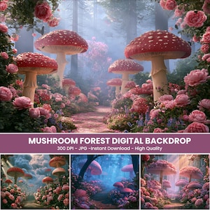 Puede incluir: Un fondo digital que muestra una escena forestal con grandes setas de sombrero rojo con puntos blancos, rodeadas de rosas rosadas en flor. La imagen incluye el texto MUSHROOM FOREST DIGITAL BACKDROP, 300 DPI, JPG, Instant Download, High Quality.