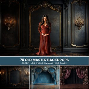 May include: 70 Old Master Backdrops - 300 DPI - JPG - Instant Download - High Quality. A collection of digital backdrops featuring ornate, dark wood paneling, a stage with blue velvet curtains, and a room with burgundy velvet curtains.