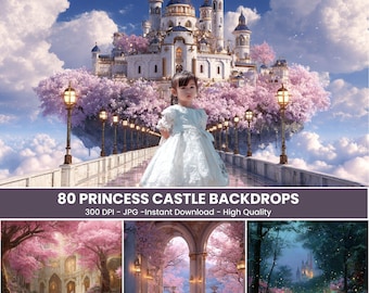 Può includere: Una bambina in un vestito bianco è in piedi su un ponte che conduce a un castello delle fiabe. Il castello è circondato da alberi in fiore rosa e si staglia su un cielo blu con nuvole soffici. Il testo "80 PRINCESS CASTLE BACKDROPS" è incluso.