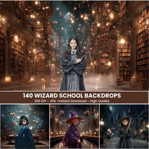 May include: A young person in a wizard school uniform holding a wand, set against a backdrop of a library with bookshelves and floating lights. The image includes the text "140 WIZARD SCHOOL BACKDROPS". Additional images show other wizard-themed backdrops.