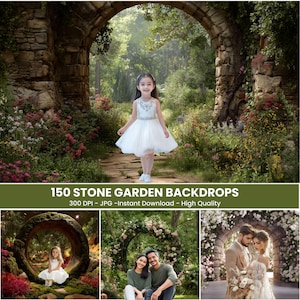 May include: A young girl in a white dress stands in a garden setting, framed by a stone archway. The scene is lush with greenery and flowers. The image includes the text "150 STONE GARDEN BACKDROPS".