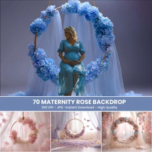 Könnte beinhalten: Eine Frau in einem blauen Kleid sitzt vor einem Hintergrund mit einem goldenen Reifen, der mit blauen Blumen und durchsichtigem Stoff verziert ist. Das Bild enthält den Text "70 MATERNITY ROSE BACKDROP".