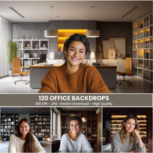 May include: A woman in an orange sweater smiles in front of a modern office backdrop. The image includes the text "120 OFFICE BACKDROPS" and additional images of office settings. The backdrop is a digital download.