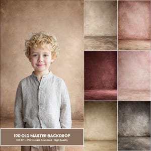 Peut inclure: Une collection de 100 arrière-plans numériques pour la photographie présentant diverses surfaces peintes et texturées dans des tons de brun, beige, rouge et gris. L'ensemble inclut une image d'exemple d'un enfant portant une chemise claire.
