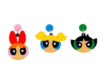 Par örhängen från Superpuff Girls (Petal, Cactus eller Bubble), handgjorda i metakrylat och rostfritt stål