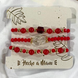 Set de Pulseras de Cristales en Tonos Rojos y Dorados – Hecho a Mano