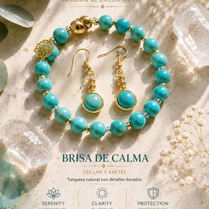 May include: A turquoise beaded bracelet with gold-tone accents and a filigree charm, paired with matching drop earrings featuring round turquoise stones in gold settings. The text reads ARARTE, BRISA DE CALMA, COLLAR Y ARETES, and more.