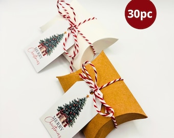 30 Christmas Pillow Gift Boxes – 30 Kraft & White Holiday Packaging with Tags