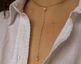 Pearl Y Lariat Necklace: Gold Plated Chain, Pearl Drops