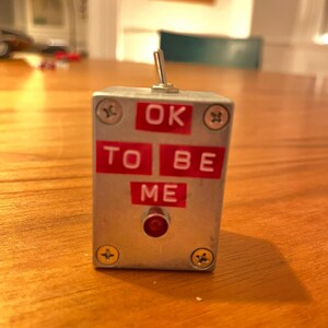 May include: A small, silver metal box with the words "OK TO BE ME" in white letters on red labels. It has a toggle switch on top and a red light. The box is secured with four screws.