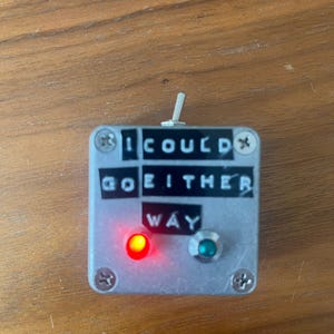 May include: A silver box with a toggle switch and two lights. The box has the text "I could go either way" printed on it. The left light is red and the right light is green.