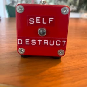 May include: A red box with the words "SELF DESTRUCT" in white lettering. It has a silver toggle switch with a red tip and is secured with four screws. The box sits on four small black feet.