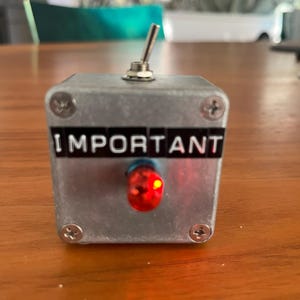 May include: A square silver metal box featuring a metal toggle switch on the top edge and a glowing red indicator light on the front face. The word IMPORTANT is printed in white capital letters on a black label strip across the center.