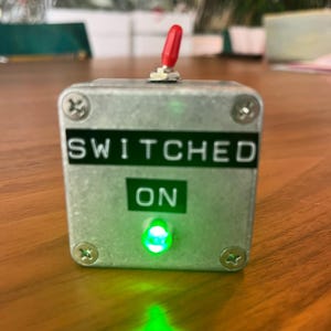 May include: A small, silver metal box with the words "SWITCHED ON" in white lettering on a black background. A red toggle switch is on top, and a green light is illuminated on the front. The box is secured with four screws.