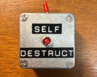 Könnte beinhalten: Ein quadratisches Gehäuse aus silbernem Metall mit einem roten Kippschalter an der Oberseite und einer roten Kontrollleuchte in der Mitte. Die Vorderseite zeigt den Text SELF in weißen Buchstaben auf schwarzem Grund über dem Licht und DESTRUCT darunter.