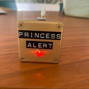 May include: A gold-colored box with the words "PRINCESS ALERT" in black lettering. A red light is illuminated below the text. A white switch is on top of the box, and four screws secure the front panel.