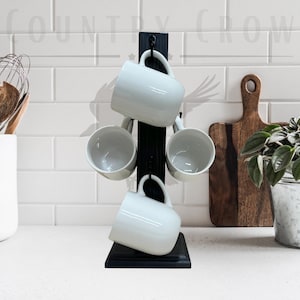 Handcrafted Country Crow Rustic Coffee Cup Mug Wood Holder Stand Tree 6 hooks Solid Wood Farmhouse Coffee Bar Stand