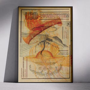 May include: A rectangular concert poster for LCD Soundsystem featuring orange and yellow abstract illustrations of jellyfish and hands. The text includes the band name, Edgefield Amphitheater, and Victoryland, set against a light cream background.