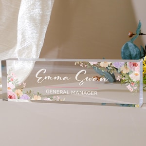 Plaque nominative de bureau fleur personnalisée, plaque nominative en acrylique personnalisée pour bureau, plaque nominative pour enseignant, cadeau collègue, décoration de bureau, cadeaux de Noël