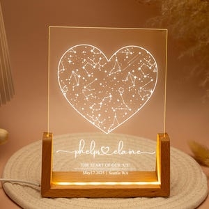 Mapa estelar de corazón personalizado por fecha, luz nocturna con mapa de constelaciones, regalos de aniversario, regalos para novios y novias, regalos de compromiso y boda.