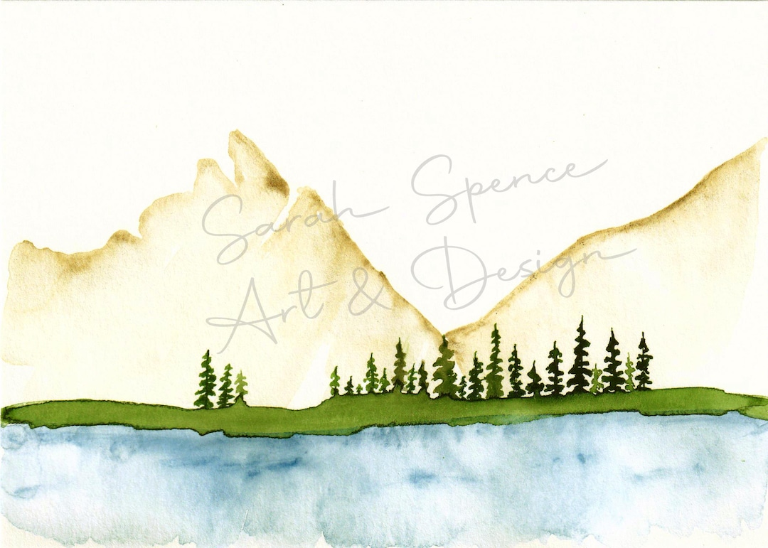 Mountain Lake Watercolor Art Print / Mountain Pine Tree Lake Art ...