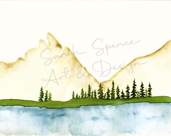 May include: A watercolor painting depicting a landscape with a blue lake in the foreground, a green grassy shoreline, and a row of dark green pine trees. In the background, light tan mountains rise against a white sky. Text reads Sarah Spence Art & Design.