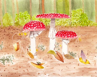 Amanita Mushroom Watercolor Art Print 5x7" Giclee Mushroom Art Print