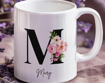 Floral Alphabet personalisierte Kaffeetasse, individuelles Geschenk für Mama und Tochter, Anfangsbuchstaben Monogramm Tasse, 11 Unze 15 Unze Tasse mit Namen, Alphabet