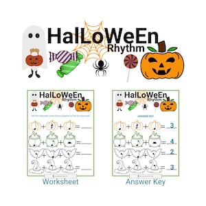 Puede incluir: Una hoja de trabajo educativa con temática de Halloween titulada "HalLoWeEn Rhythm". La imagen presenta un fantasma, una calabaza, caramelos, una araña y una piruleta. La hoja de trabajo incluye problemas de matemáticas con símbolos temáticos de Halloween y una clave de respuestas.