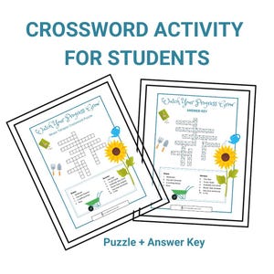 Puede incluir: Un crucigrama imprimible y su solución con un tema de jardín. El crucigrama se titula "Watch Your Progress Grow" y presenta un girasol, herramientas de jardinería y una carretilla. La solución también se titula "Watch Your Progress Grow" y incluye el crucigrama completado.