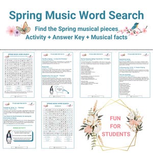 Woordzoeker lentemuziek, informatieblad met activiteiten en leuke informatie, nieuwe muziek leren, pianolessen