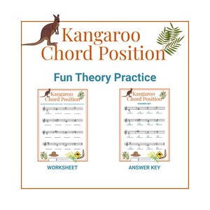 Könnte beinhalten: Ein Musiktheorie-Arbeitsblatt und ein Lösungsschlüssel mit dem Titel "Kangaroo Chord Position". Das Design zeigt eine Känguru-Illustration, Noten und den Text "Fun Theory Practice". Das Farbschema umfasst Braun, Grün und Weiß.