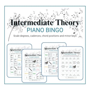 May include: A square image featuring four "Intermediate Theory Piano Bingo" cards. The cards have musical notes and text, including "Scale degrees, cadences, chord positions and minor keys." The cards are white with blue borders.