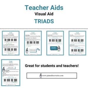May include: A visual aid for music students and teachers. The image features several pages with piano keyboard diagrams and text explaining musical triads. The title "Teacher Aids Visual Aid TRIADS" is at the top. The website www.pianodiscoveries.com is at the bottom.