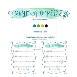 Puede incluir: Una hoja de trabajo de música titulada "Rhythm Oopsies" con el texto "Rhythm Practice" y "Elementary Level". La hoja de trabajo incluye un pentagrama musical con notas y el texto "Worksheet & Answer Key Included". La clave de respuestas también se muestra.