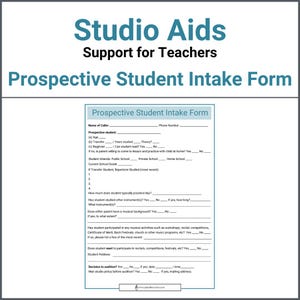 Könnte beinhalten: Ein schwarz-weißes druckbares Formular mit dem Titel "Prospective Student Intake Form" mit Abschnitten für Schülerinformationen, einschließlich Alter, Studienjahre und musikalischem Hintergrund. Das Formular fragt auch nach der aktuellen Schule des Schülers, den Übungsroutinen und der Teilnahme an musikalischen Aktivitäten.