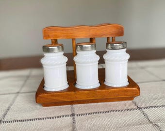 Vintage Wooden Napkin Holder- Milk Glass Salt & Pepper Shakers with Toothpick Jar