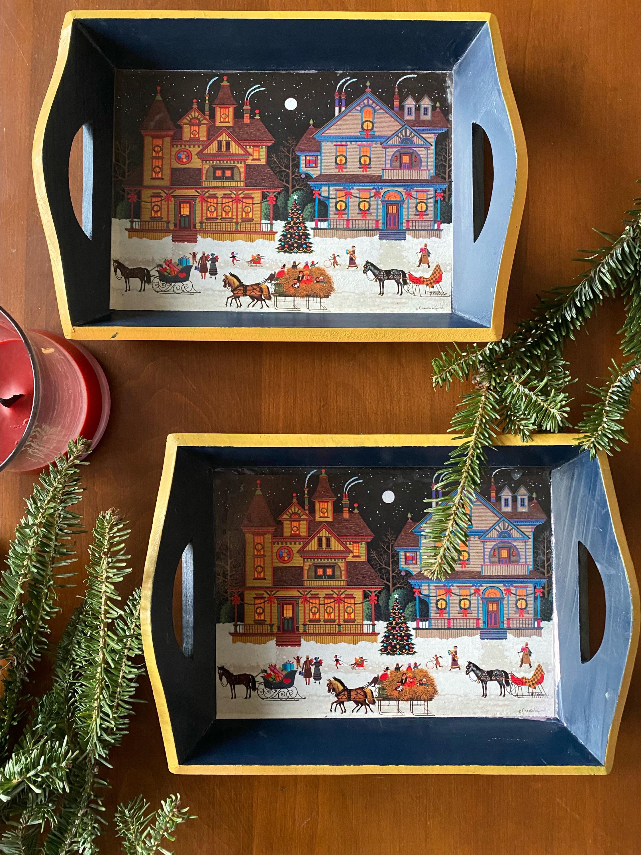 Vintage Winter Scene Painted Wood Tray- Charles Wysocki Victorian Americana Folk Art