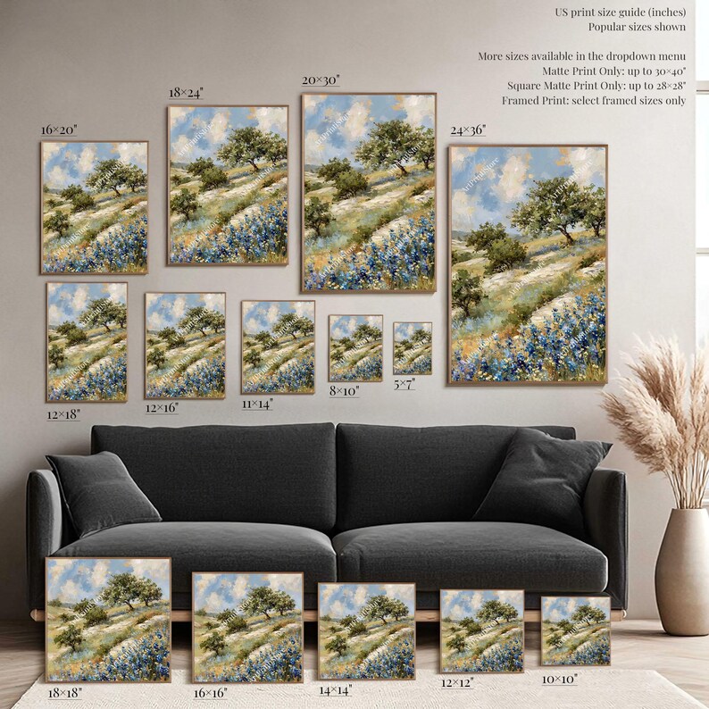 The image is a collage of various sizes of framed landscape paintings, including a large landscape painting on the wall and smaller framed paintings below it. The paintings depict scenes of nature, such as trees, flowers, and a winding path. The sizes of the paintings range from 18" to 36" and are arranged in a grid-like pattern on the wall.