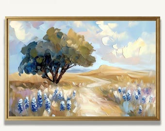 May include: An oil painting of a landscape with a tree, path, and blue flowers. The artwork is in a gold frame. The sky is blue with white clouds. The text "ArtPrintiStore" is in the top left corner.