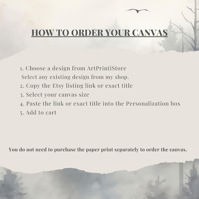 The image is a step-by-step guide on how to order a canvas from an online store, specifically ArtPrintiStore. It provides instructions on selecting a design, choosing a size, pasting the link or title into the Personalization box, and adding the item to a cart. The guide does not require the purchase of the paper separately to order the canvas.