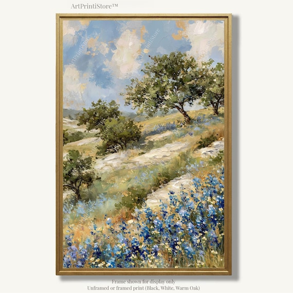 Texas Hill Country Bluebonnet Landscape Oil Painting Print on Paper Wildflower Artwork Farmhouse Wall Art Decor